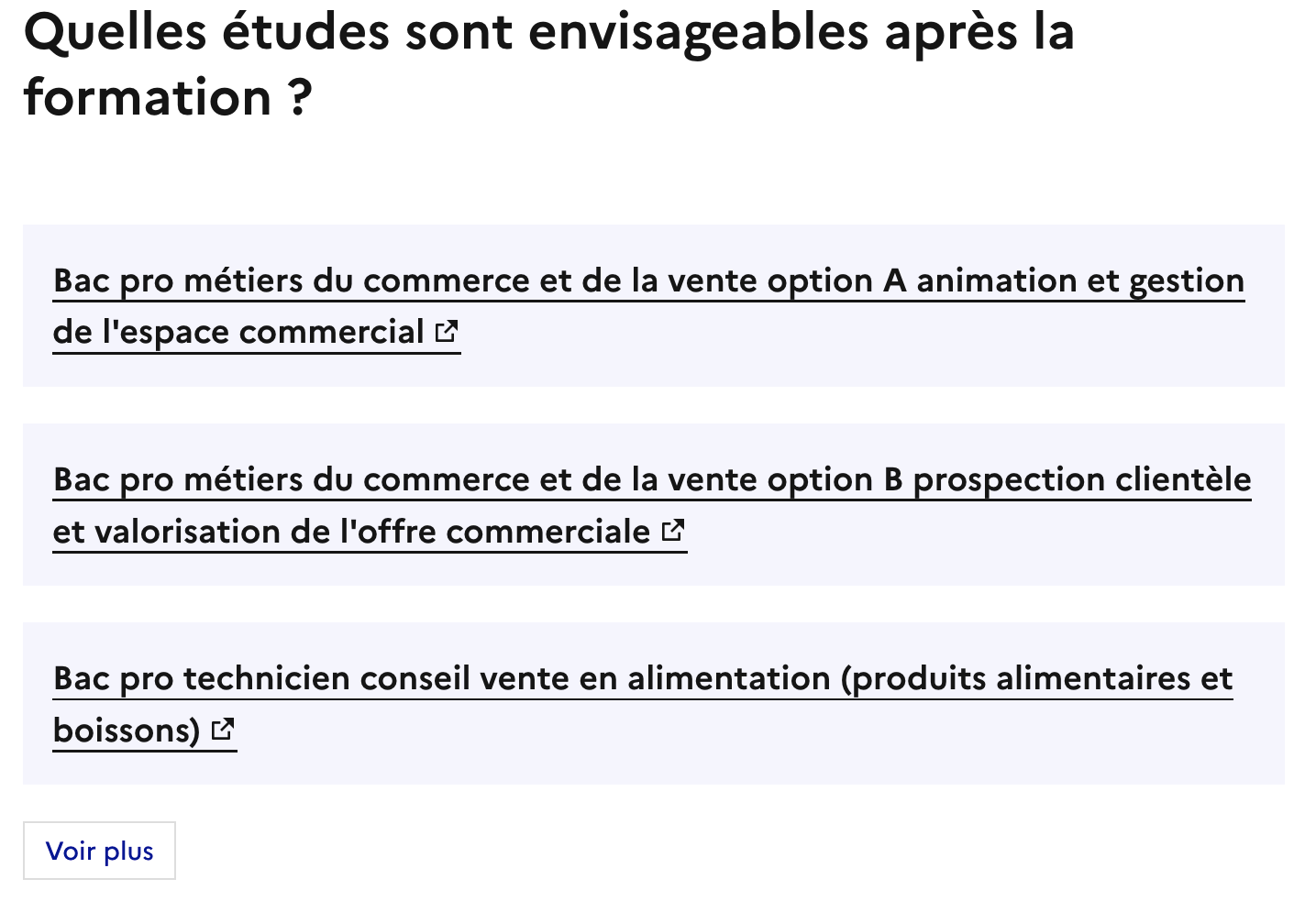 Liste des formations possibles à l'issue